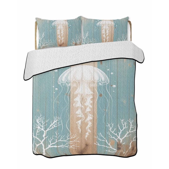 Quilts Twin Size Bedding Set, Coastal Jellyfish Lightweight Quilted Comforter, Summer Coral Ocean Vintage Wood Soft Reversible Bedspread Coverlet with Pillow Covers for All Season, 68" x 86"