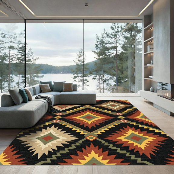 ODIKA 4' x 6' Machine Washable Non-Slip Area Rug, aztec geometric High Traffic Rug, Black, 1255675