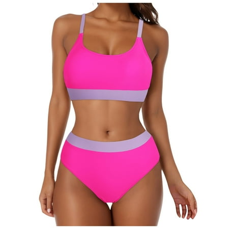 GEWSEY Women Bikini Sets High Waisted Bathing Suit - Sporty Two Piece Swimsuit Tummy Control Cheeky Modest Ribbed Neon Bikini Hot Pink  XL
