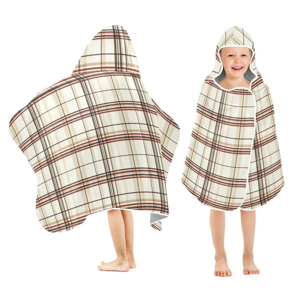 Yayeee Kids Hooded Towel with Hand Pockets Beach Soft Absorbent Bath Wrap 50 x 23.5 inch, Cream Plaid