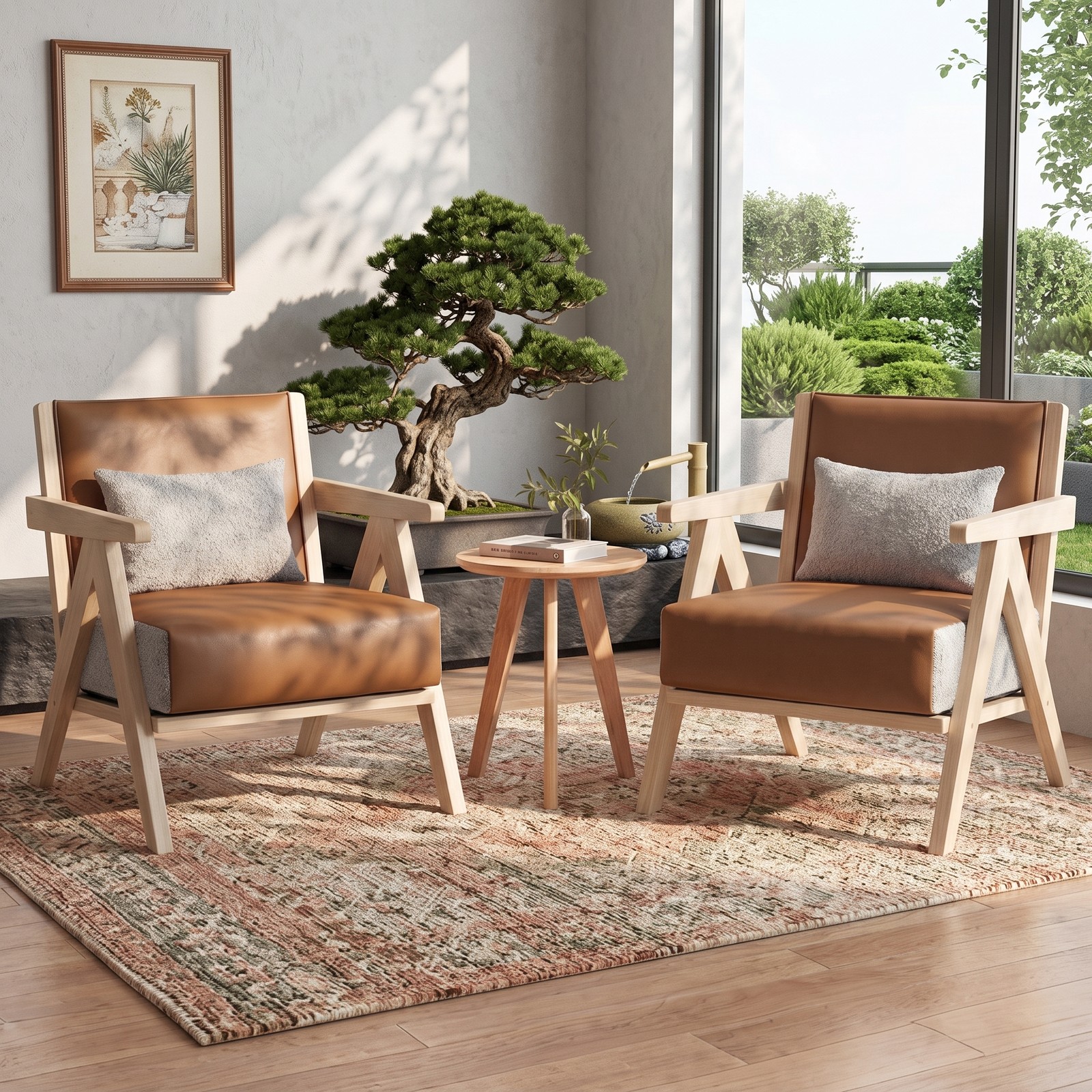 Furnibear Mid-Century Modern Accent Chair, Faux Leather Upholstered Armchair with Chenille Fabric, Rubber Wood Frame, Pocket Spring Cushion for Living Room, Brown