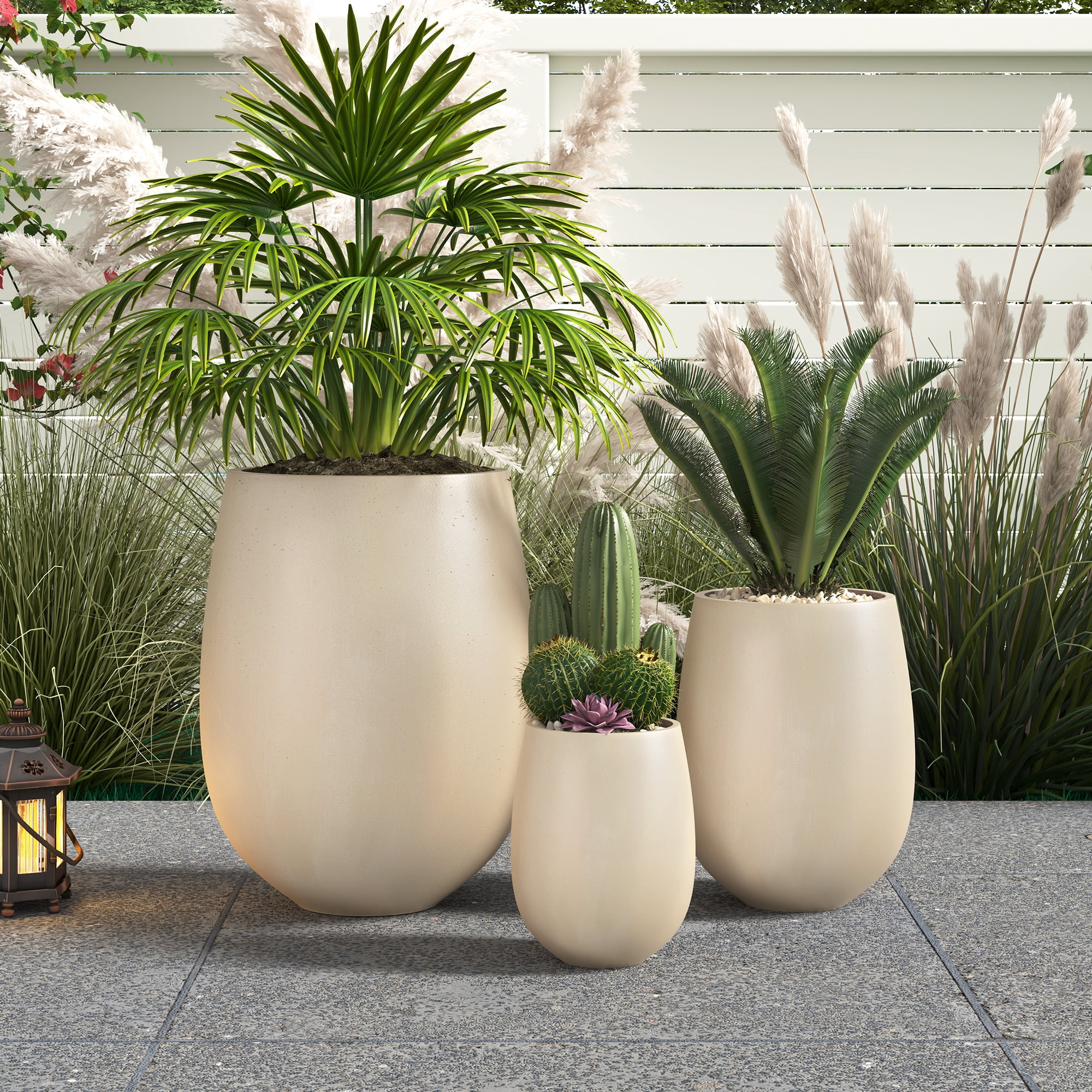 Mintazer Modern Planter Set of 3, 15.6"/10.74"/7.3" Round Stackable Flower Pots with Drainage Holes, Decorative Plant Pots for Indoor & Outdoor, Beige