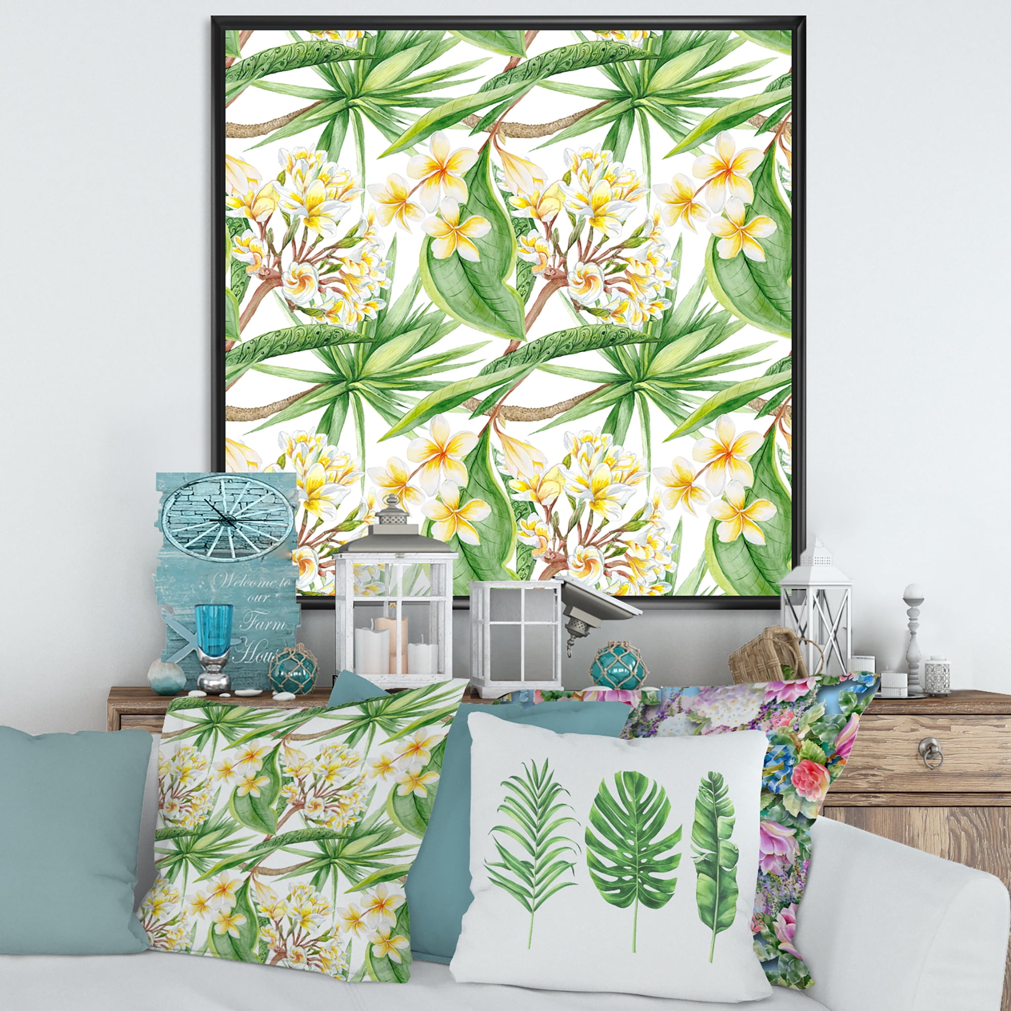 Designart 'Yellow Flowers and Tropical Foliage VI' Modern Framed Canvas Wall Art Print