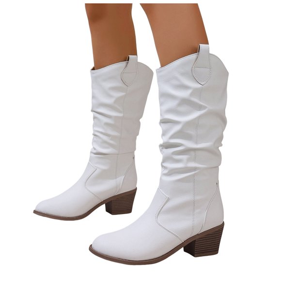 Womens Slouch Wide Mid Calf Cowboy Boots Winter Fall Casual Slouchy Leather Pointed Toe Western Cowgirl Boots White Size 8.5