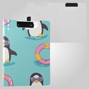 Cute Penguin with Sunglasses Swim Circles Foldable Binder Folder Clipboard with Pen Slot Double Clips A4 Size File Storage