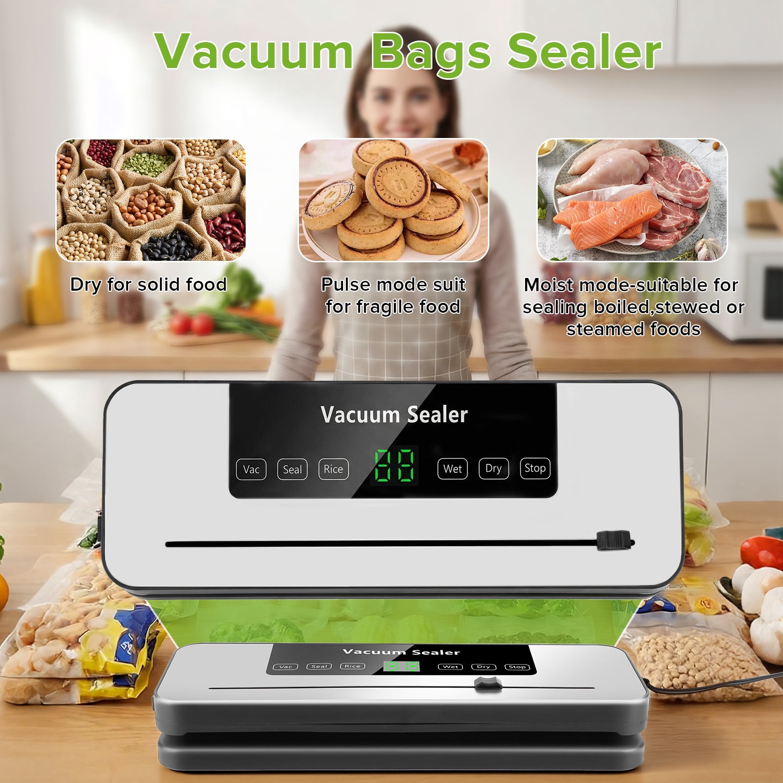 Yucurem Vacuum Sealer Machine with 50 Bags, Auto Vacuum Sealer for Food with Dry & Moist Modes, Built-in Cutter, Compact Design for Food Storage
