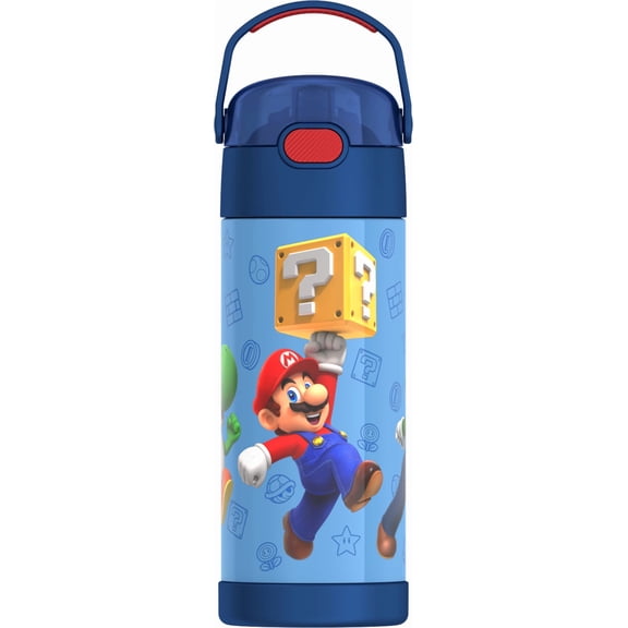 Thermos Stainless Steel Vacuum Insulated FUNtainer Bottle with Covered Straw, Dishwasher Safe, Leak-Proof, Super Mario, 14oz