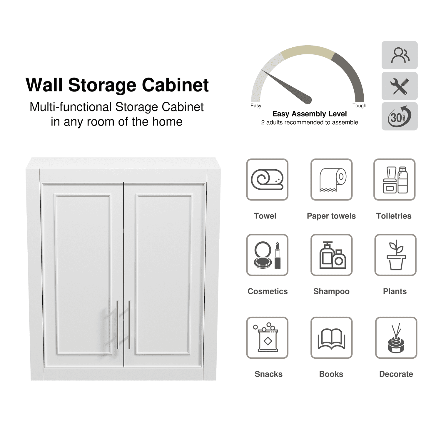 26"x22"x8" Modern Rectangle Wood Wall Mounted Storage Cabinets for Bathroom,White