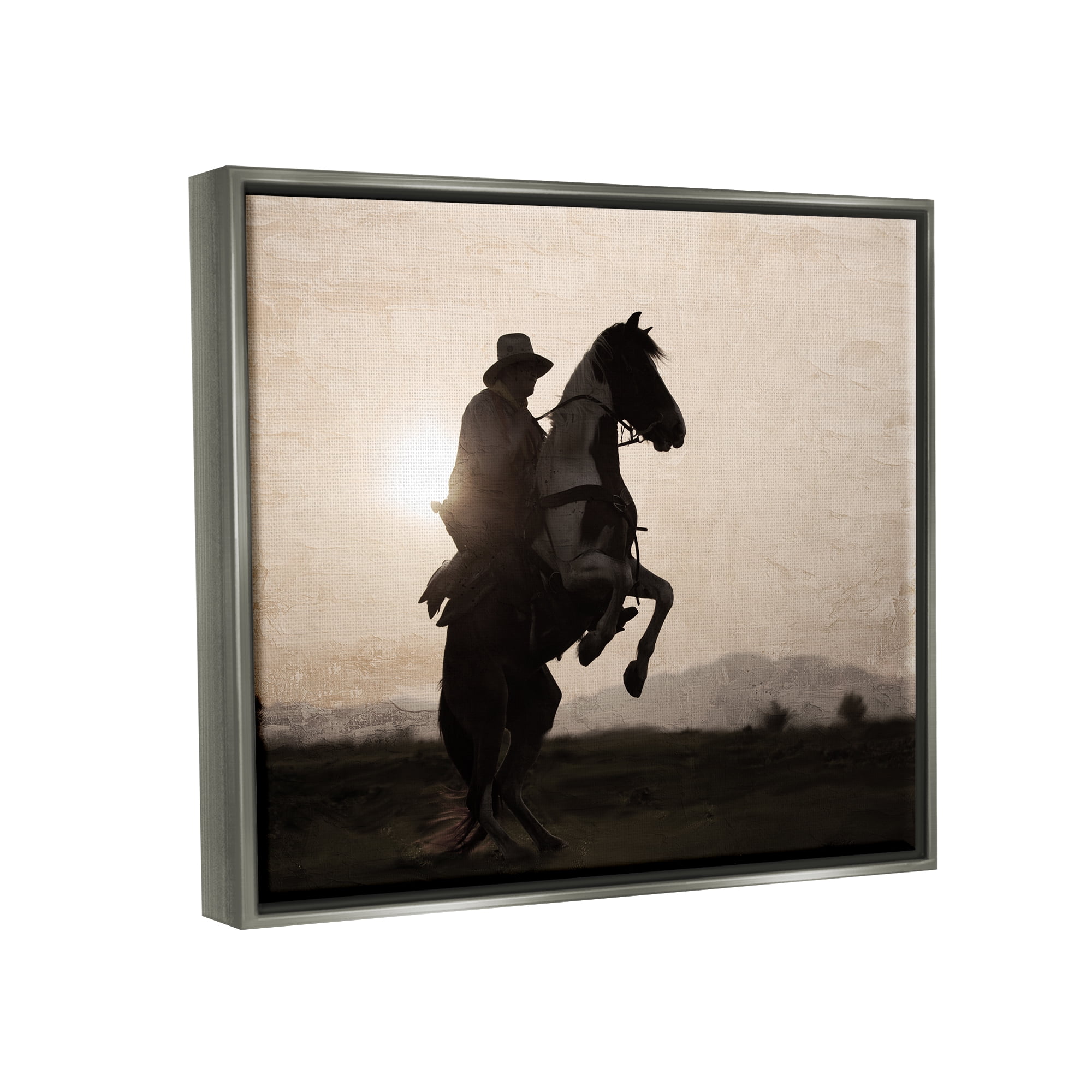Stupell Industries Cowboy & Rearing Horse Animals & Insects Photography Gray Floater Framed Canvas Art Print Wall Art, 21 x 17