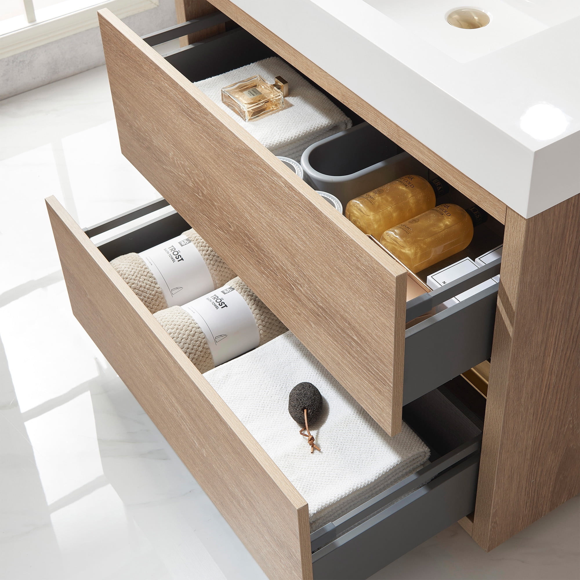 Huesca 36" Single Sink Bathroom Vanity Natural Oak Wood White Top With Mirror