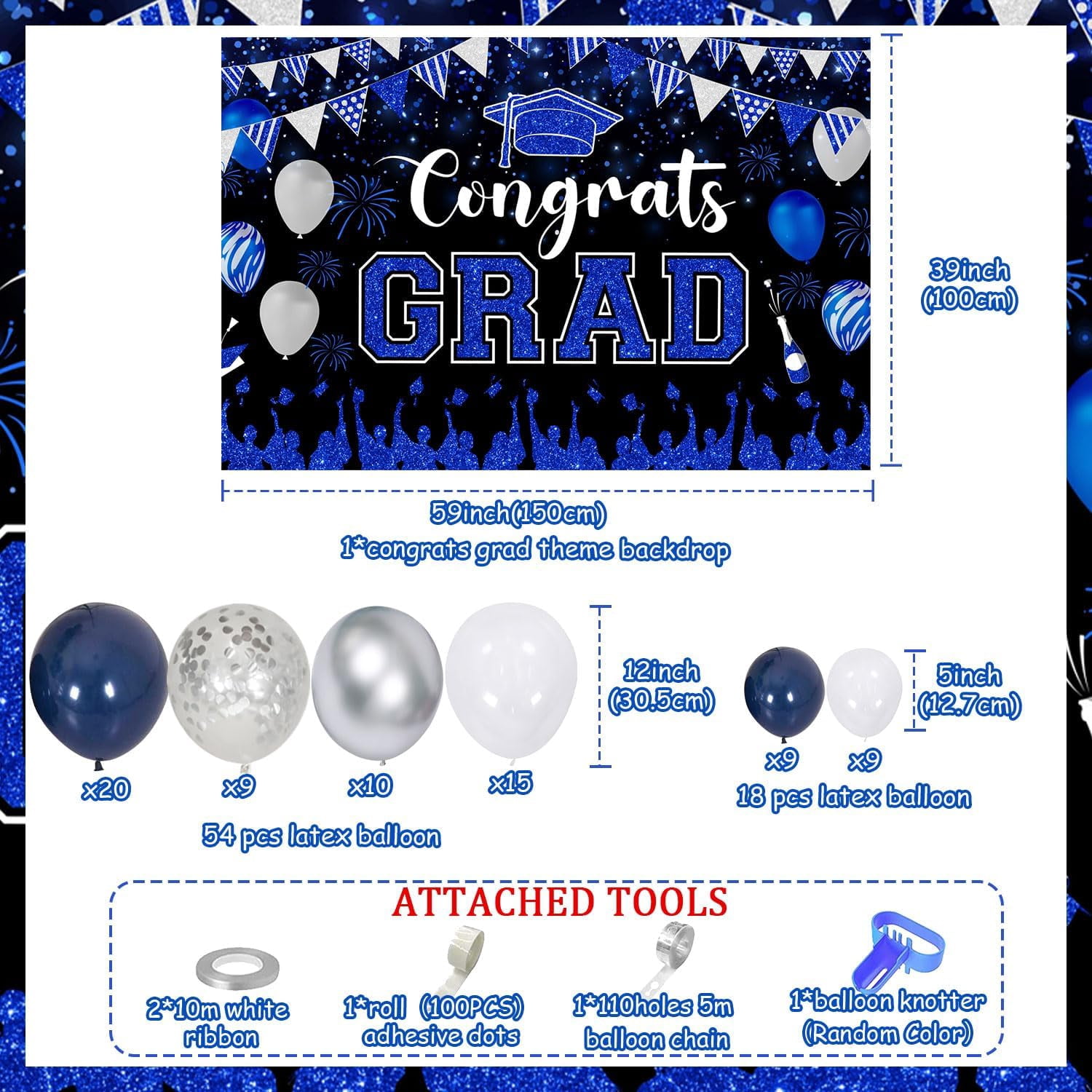 73Pcs Congrats Grad Decorations 2024, Navy Blue and Silver Graduation Decor with Congrats Grad Backdrop Navy Blue Silver Balloon Garland Arch Kit for Class of 2024 Grad Prom Graduation Supplies