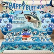 WEEKS Shark Birthday Party Supplies, Shark Theme Style Party Include Happy Birthday Banner, Backdrop, Tableware Set, Tablecloth, Hanging Swirls, Cake Toppers, Cupcake Toppers, Latex Balloons(A)