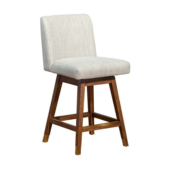 Basila Swivel Bar or Counter Stool in Brown Oak Wood Finish with Beige Fabric