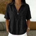 thumbnail image 2 of VBVC Women's Cotton-Linen Half-Zip Collared Shirt,Ladies Short Sleeve Pocketed Casual Blouse,Loose Fit Lightweight Summer Top for Women,Black,S-2XL, 2 of 8