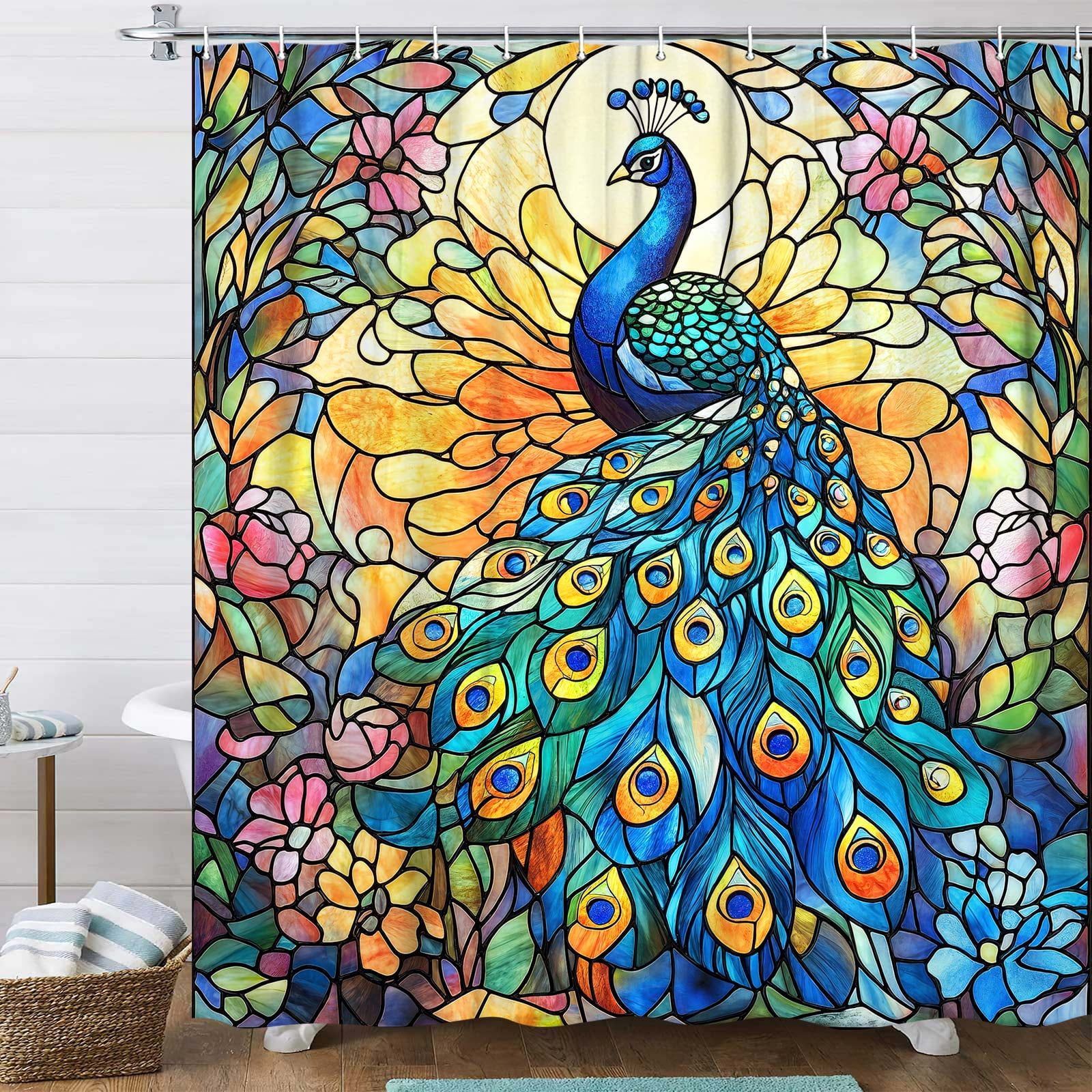 Peacock Shower Curtain,Boho Vibrant Stained Glass Design and Floral Fabric Shower Curtains Set for Bathroom Decorative,Colorful Vintage Restroom Decor Accessories with Hooks, 70X78 IN