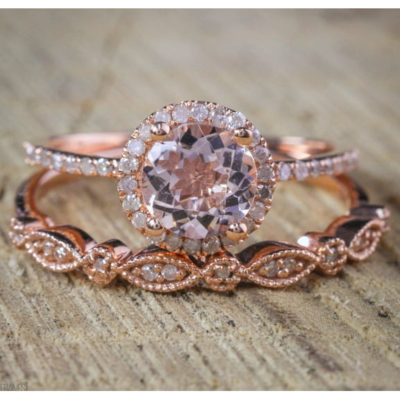 Sale on Antique Vintage Design Milgrain 2 carat Round Morganite and Diamond Halo Bridal Wedding Ring Set in Rose Gold for Women
