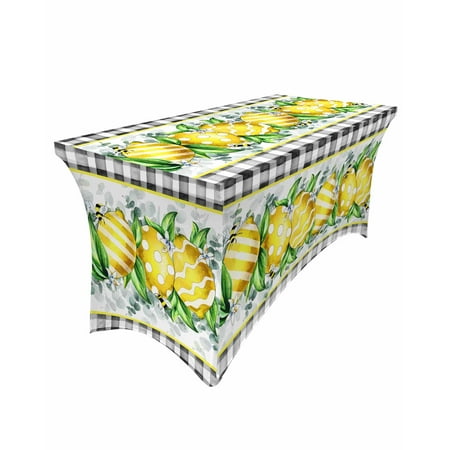 

Table Cloths for 8 foot Rectangle Tables Summer Farm Lemon Eucalyptus Leaves Black White Plaid Stretch Washable Fitted Tablecloth Protector Picnic Table Cover for Event Wedding Party Banquet