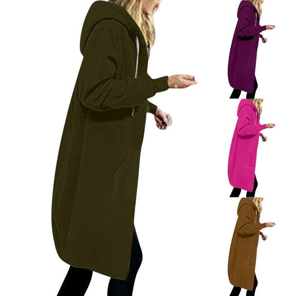 Lovskoo Winter Coats for Women 2024 Trendy Zip Up Hoodies Solid Color Thick and Fleece Fall Oversized Sweatshirts Casual Long Sleeve Pocket Hooded Long Outerwear Hot Pink