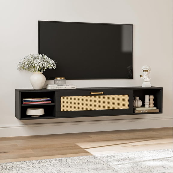 ARICOEASY Floating TV Stand for 75 Inch TV with Hidden Storage for Living Room and Bedroom, Black