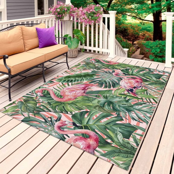 Pink Flamingo Outdoor Rug 5x7 Ft, Non Slip Washable Area Rug, Summer Tropical Watercolor Plants Green Leaves Patio Rugs Carpet Runner, Large Floor Mat for Indoor/Outdoor Deck Porch Camping