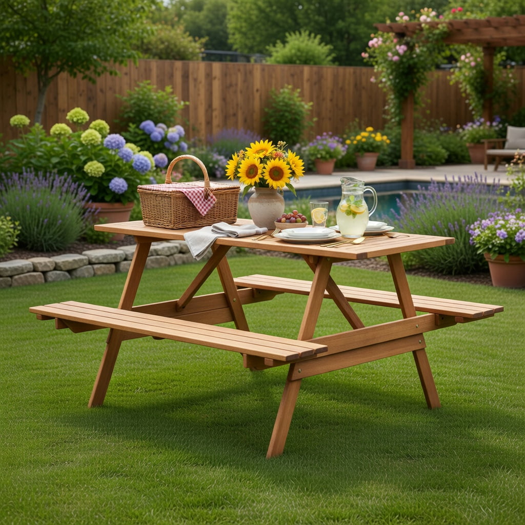 Hommoo 6-Person Outdoor Picnic Table Set with Built-In Benches & Umbrella Hole, Hardwood Rectangular Patio Table for Backyard, Garden, Poolside, Natural