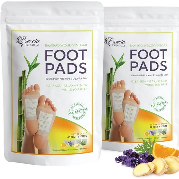Prescia Premium Deep Cleansing Foot Pads - Natural Bamboo & Aromatic Herbs, 80 Pack - Ginger, Lavender, Mugwort, Orange - Easy Body Cleansing, Swelling Removal, Foot Care, and Self-Care