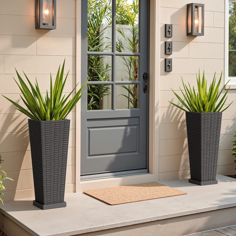 Devoko 24" Tall Planters for Outdoor Plants Set of 2, Woven-Textured Outdoor Plant Pots with Trays for Patio, Front Porch
