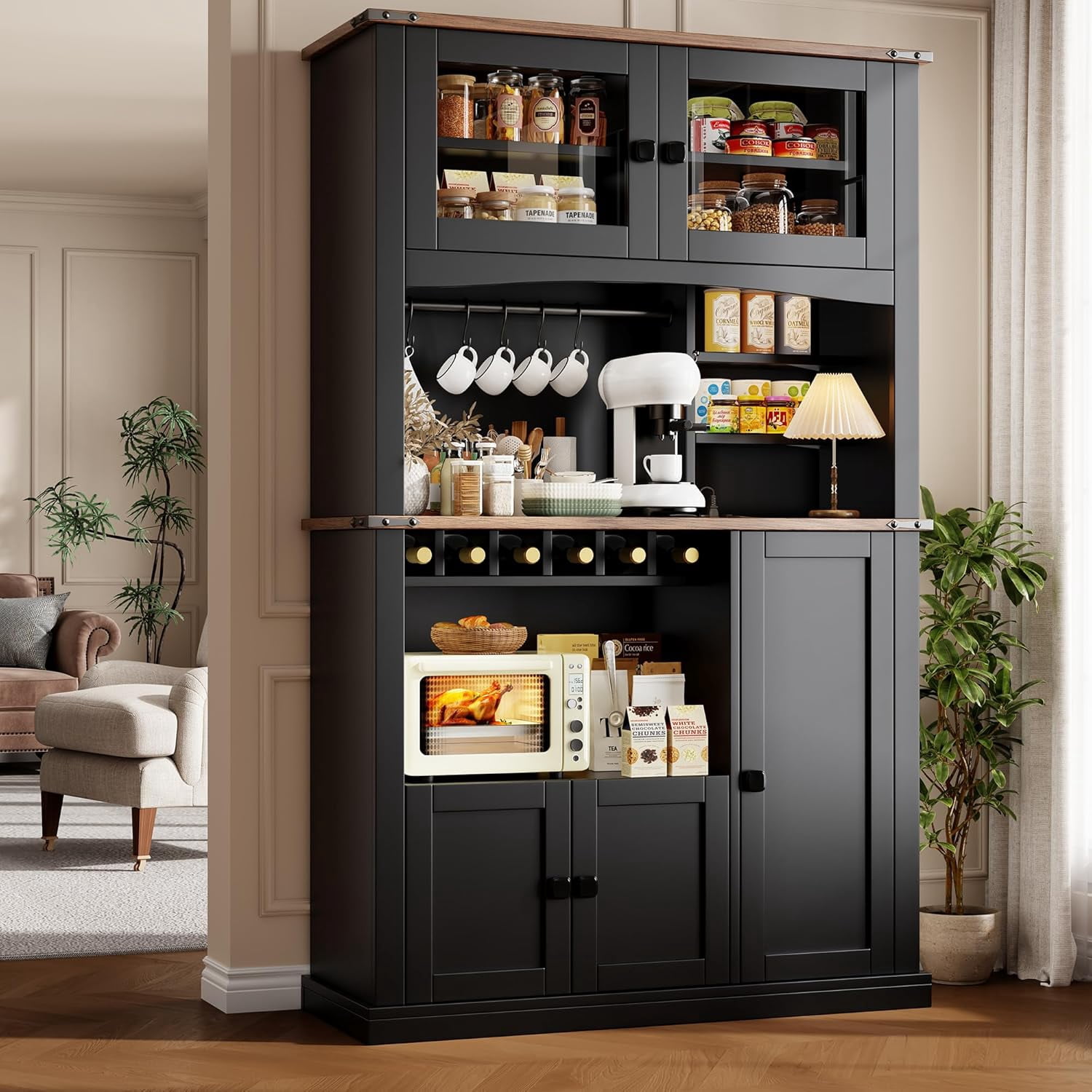 Einhomn 71" Tall Kitchen Pantry Cabinet with Charge Station, 3 Adjustable Shelves, Wine Rack and Glass Door, Black