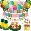 Hawaii Luau Party Decoration,Tropical Hawaii Birthday Party Supplies Include Bday Banner,Artificial Tropical Palm Leaves,Hibiscus Flowers,Honeycomb Pineapples,Summer Balloons,Umbrella Straws