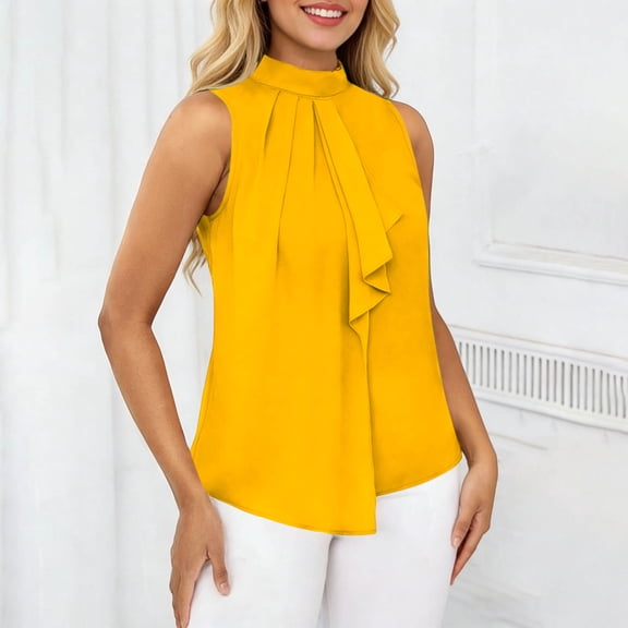SwiftWear Women's High-Neck Dressy Casual Tank Tops Sleeveless Business Blouse Pleated Front Asymmetrical Modern Office to Evening Top