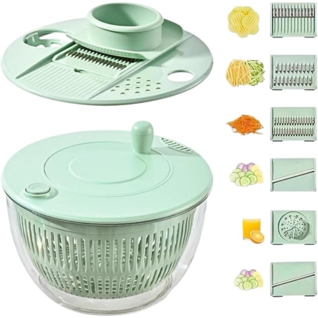 Salad Spinner & Vegetable Chopper, Large 5.3Qt Lettuce Spinner Dryer with 5 Blades Slicer Shredder, Multifunctional Vegetable Cutter Fruit Washer Bowl for Kitchen Prep (Green)