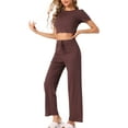 thumbnail image 4 of INSPIRE CHIC Women's Pajama Ribbed Knit 2 Piece Short Sleeve Crop Top with Pants Casual Outfits Lounge Sets M Brown, 4 of 5