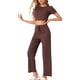 thumbnail image 4 of INSPIRAR CHIC Conjunto de Pijama de Mujer de Punto Acanalado de 2 Piezas con Top Corto de Manga Corta y Pantalones, Conjuntos de Ropa Casual XS Marrón, 4 of 5