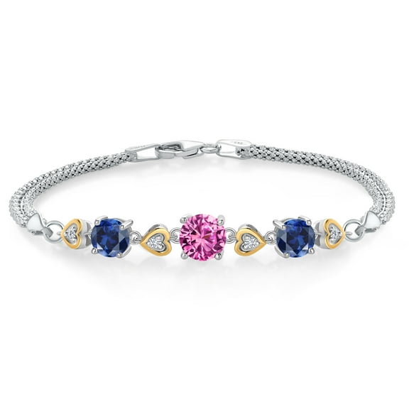 925 Sterling Silver and 10k Yellow Gold Pink Created Sapphire Blue Created Sapphire and White Lab Grown Diamond Bracelet for Women (3.74 Cttw, Round 7MM and 6MM, 6.5/7/7.5 inch, Made in Italy)