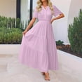 thumbnail image 2 of JSheng Summer Dress for Women Women's Fashion Solid Color Short Sleeve V-Neck Pleated Elastic Waist Maxi Dresses Pink XXL, 2 of 5
