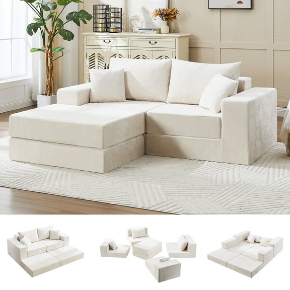 79" Boneless Cloud Loveseat Sofa with Ottoman, Modular Chenille Convertible Floor Couch Bed, No Assembly, Beige