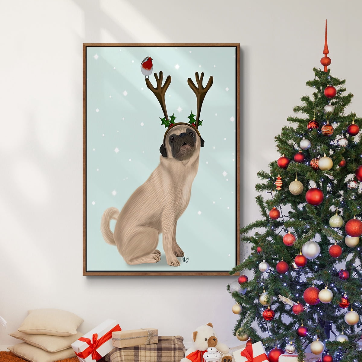 Christmas Pug with Antlers and Robin - Framed Gallery Wrapped Holiday Canvas - 17 x 25 - Rosewood Frame