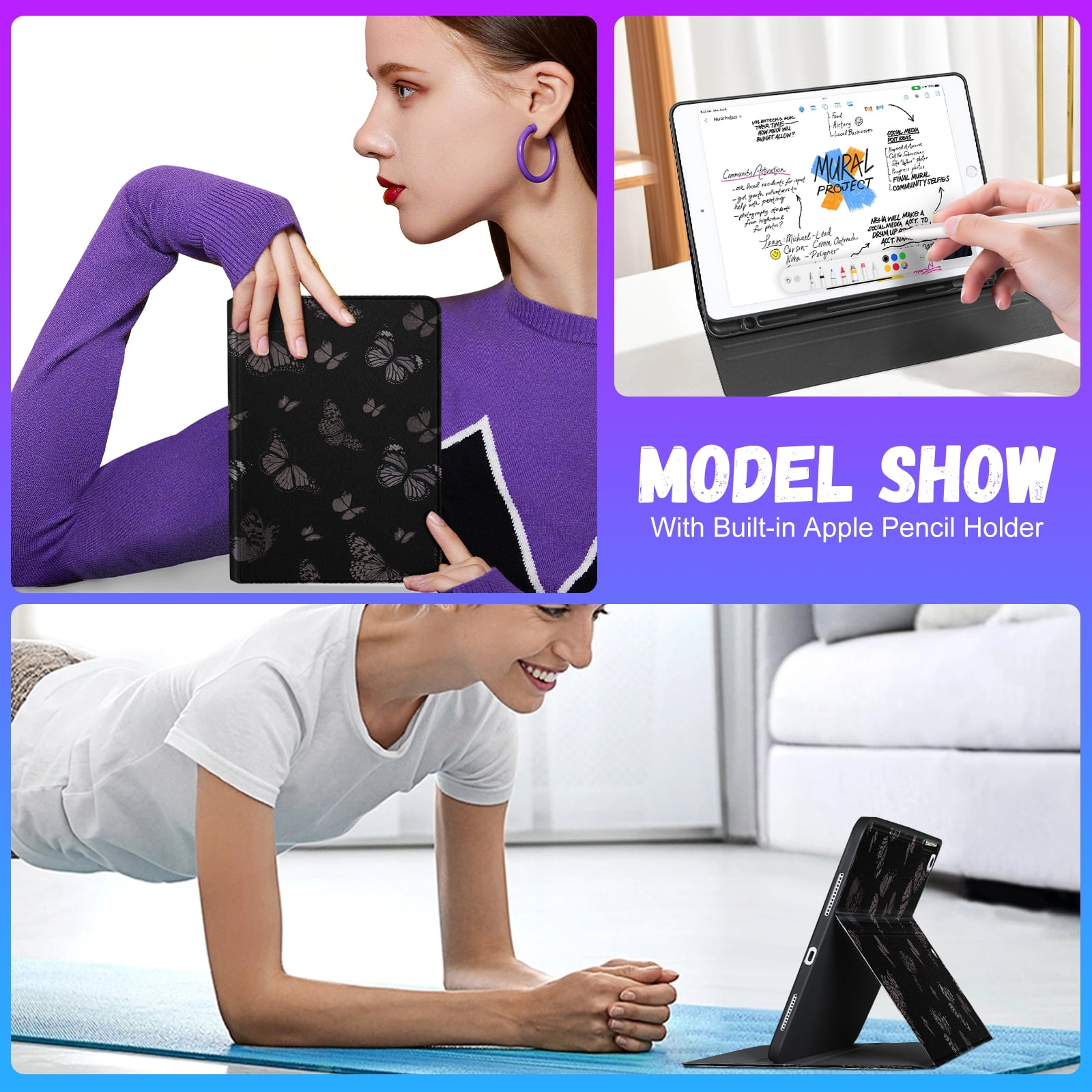 Gemfits Case for iPad 7/8/9 - Flexible Soft TPU Stand Back Cover with Pencil Holder, Auto Sleep/Wake, Black_Butterfly