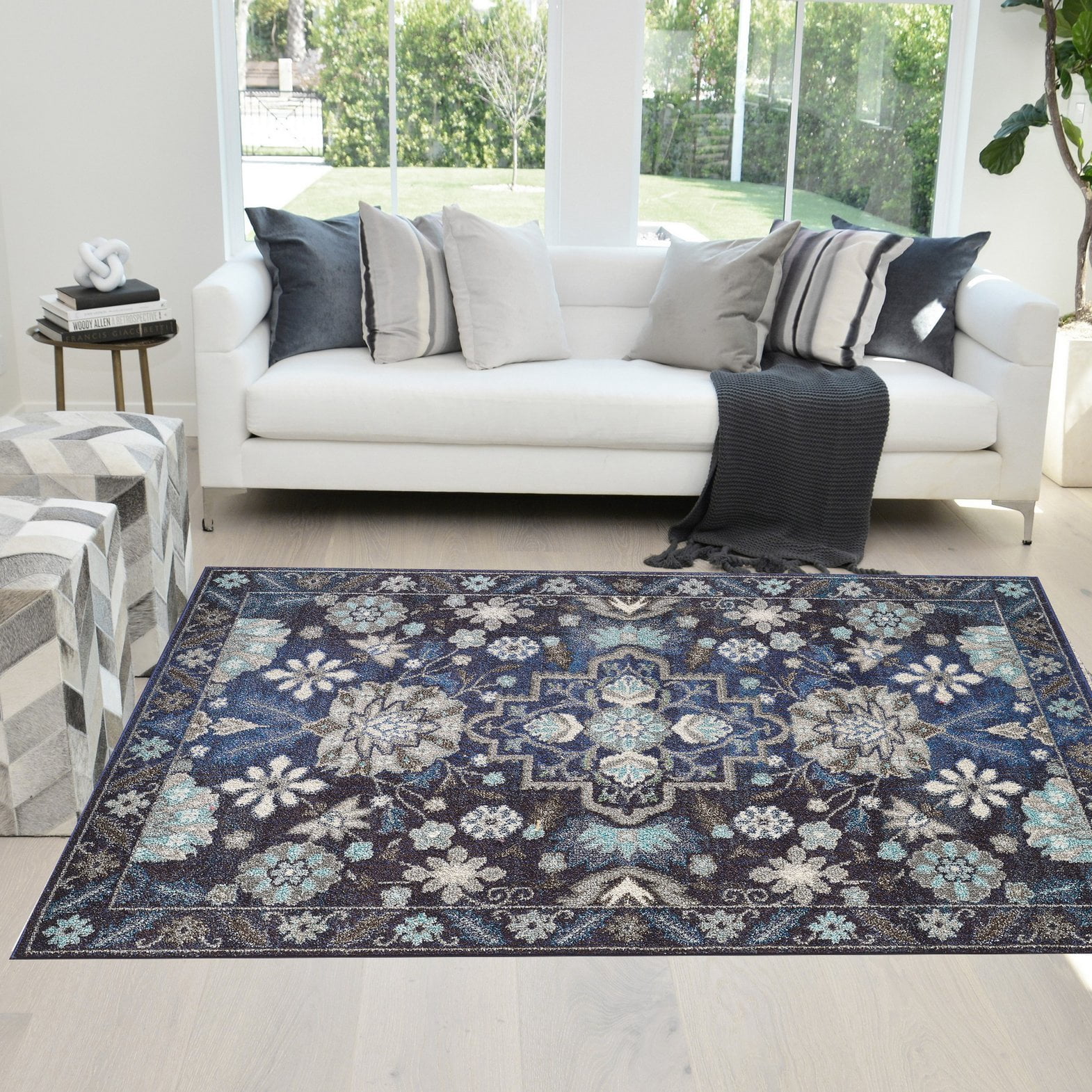 Faded Distressed Tabriz Vintage Persian Area Rug Navy Blue/Multi