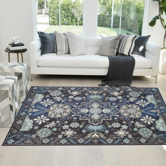 Faded Distressed Tabriz Vintage Persian Area Rug Navy Blue/Multi