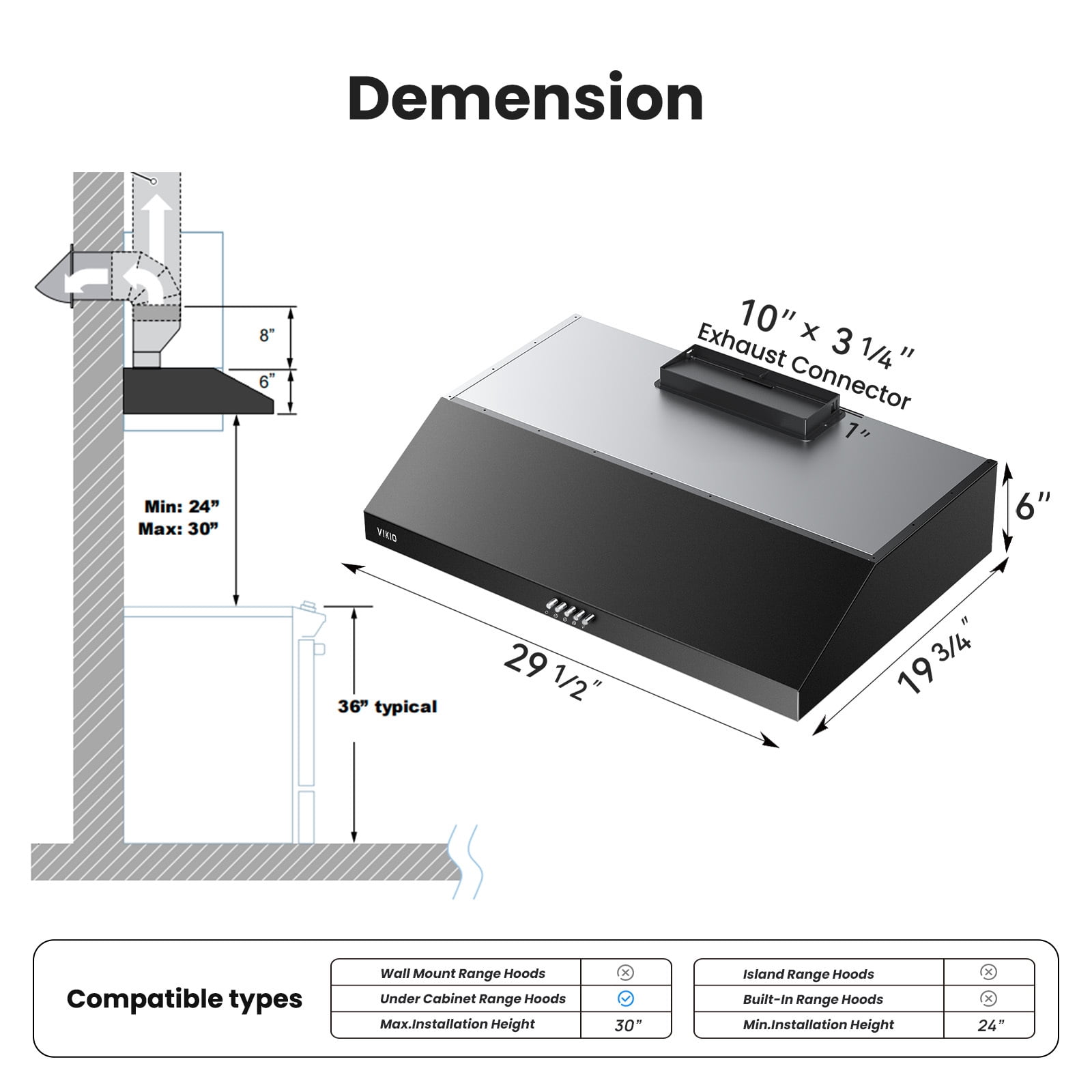 VIKIO 30 inch Under Cabinet Range Hood 600 CFM Ducted in Stainless Steel with Mesh Filters and Push Buttons, Black