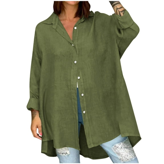 Fesfesfes Women's Loose Blouses Trendy Straight Hem Button-Front Long-Sleeve Round Neck Tee Comfy Breathable Comfy Solid Color T-shirt(Army Green,XL)