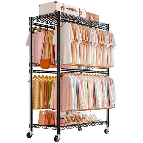 Forthcan Clothing Rack, Heavy Duty Rolling Clothes Rack, Free Standing Wire Garment Rack on Wheels Adjustable Wire Shelving Wardrobe Closet with 4 Hanging Rods