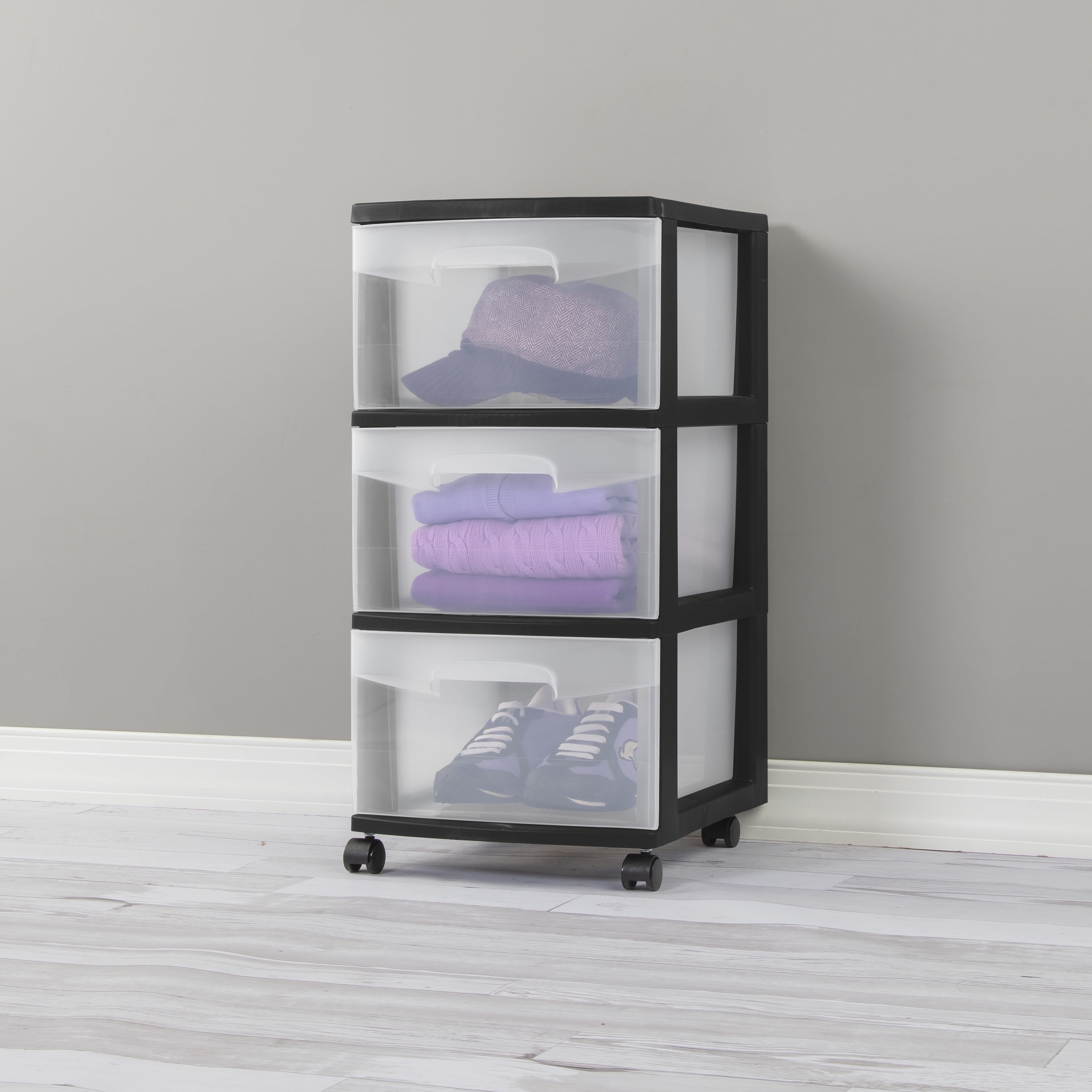 (2 pack) Sterilite 3 Drawer Medium Cart, Clear Plastic Storage Drawers, Wheels Included, Black
