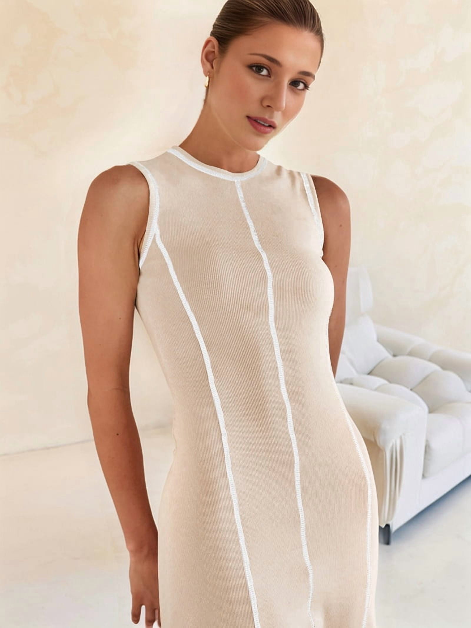 Womens Sleeveless T Shirt Dress Summer Contrast Ribbed Knit Tank Maxi Dresses Beige M