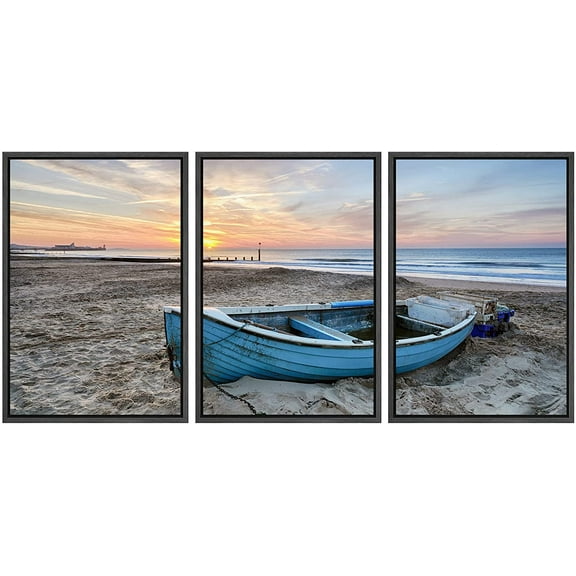 wall26 Framed Canvas Print Wall Art Set Fishing Boat on Beach Sand at Sunset Nature Wilderness Photography Realism Rustic Colorful Ultra for Living Room, Bedroom, Office - 24"x36"x3 Black