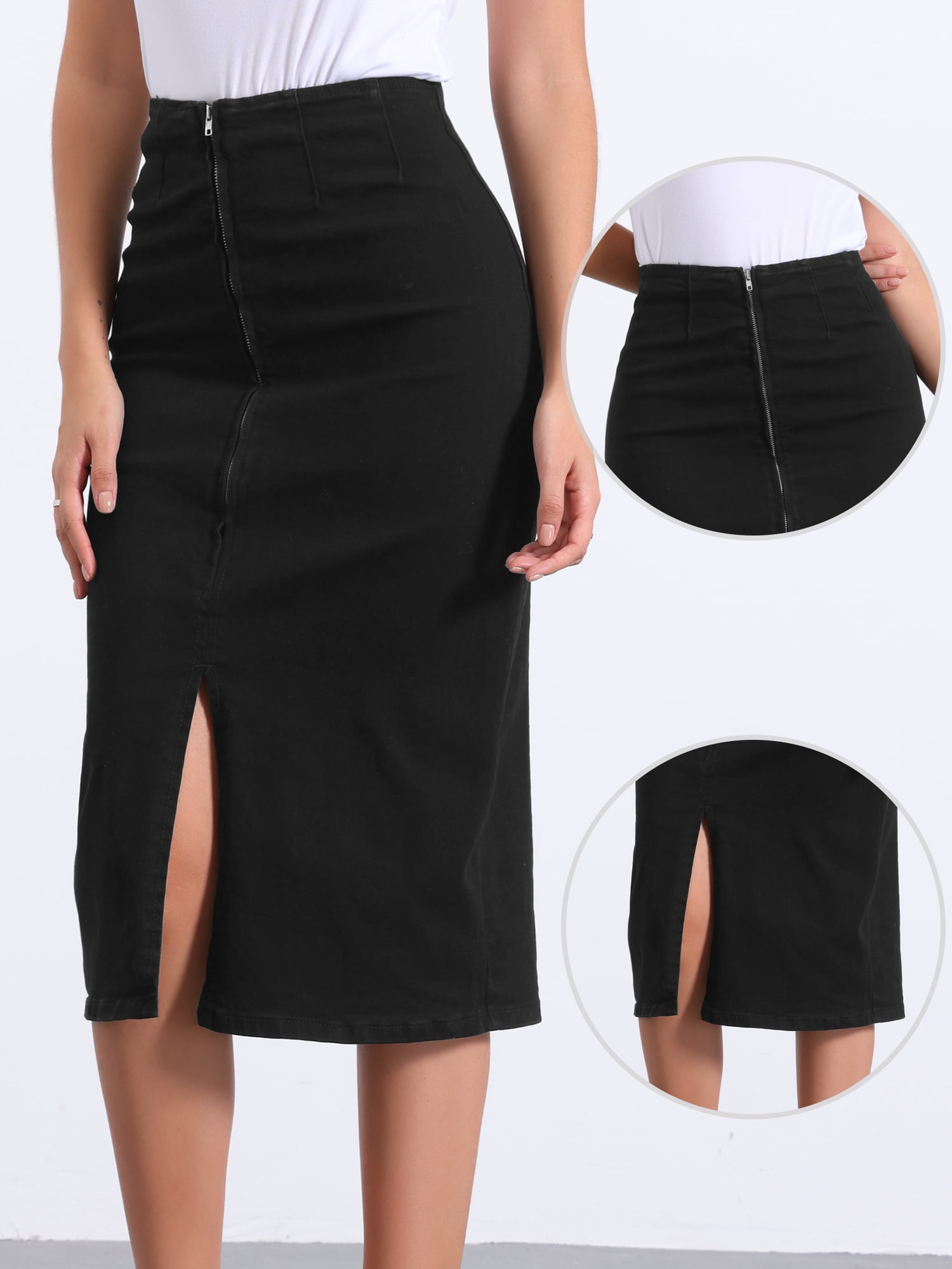 DARING DIVA Women's Denim Front Slit Zipper Bodycon Midi Jean Skirt L Black