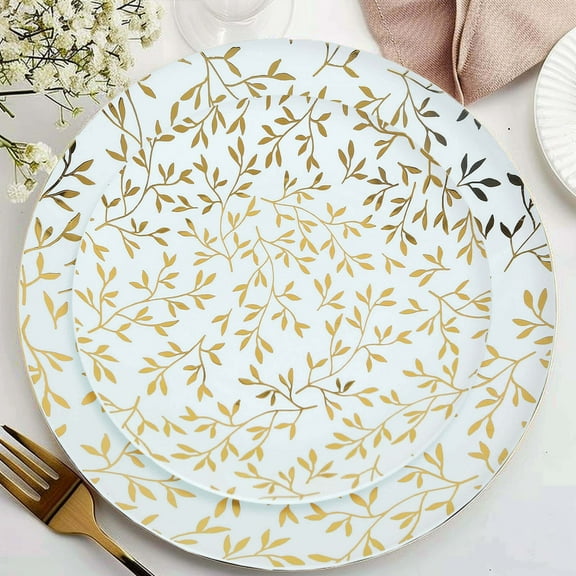 Balsa Circle 10 White 8" Round Plastic Salad Dinner Plates Gold Leaf Design Party Events