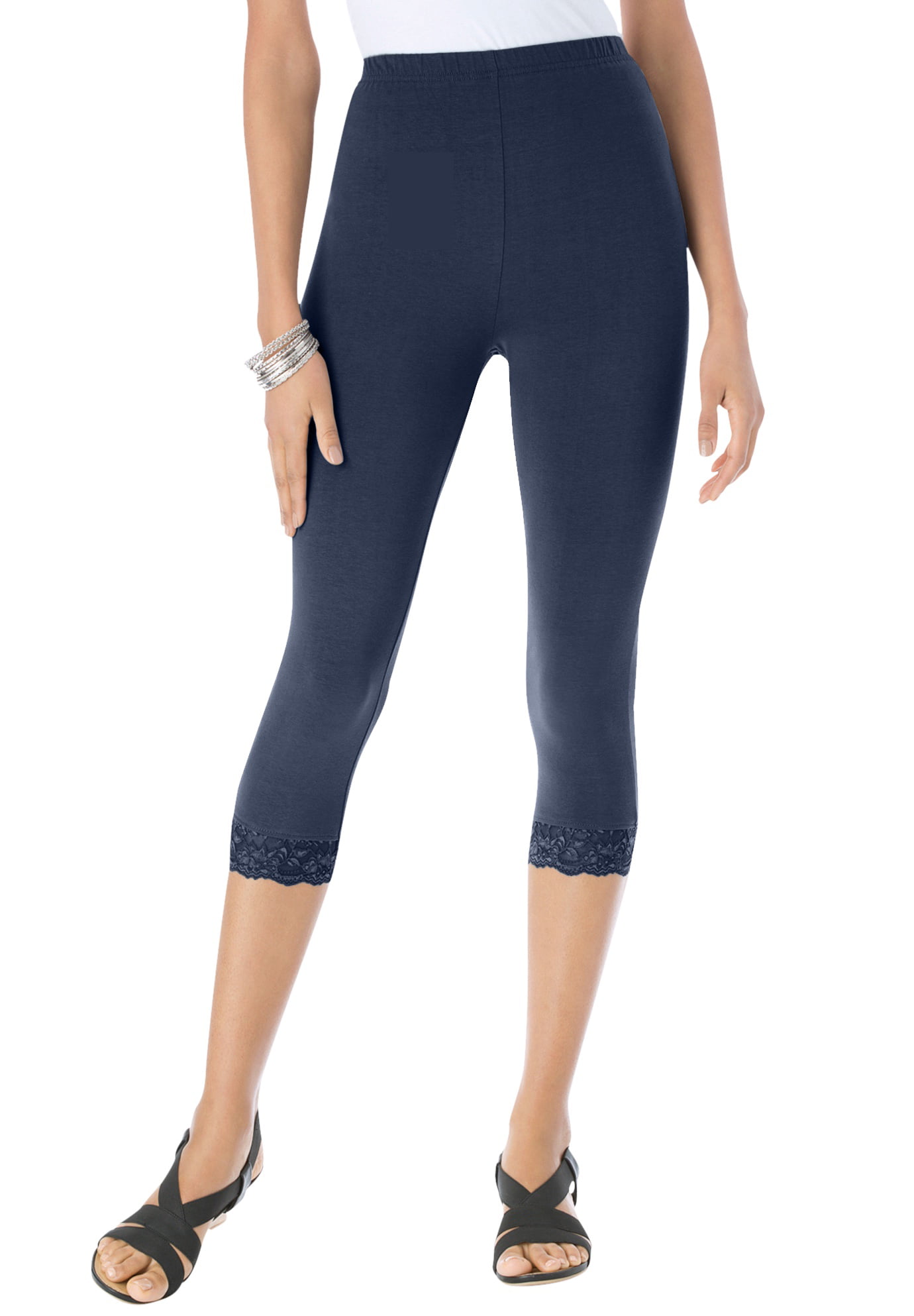 Womens Lace Trim Soft Modal Cotton Leggings Workout Tights Pants Cropped Trousers Yoga Capri Pants Plus Size