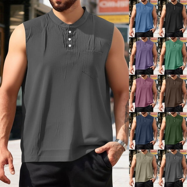 Sentmoon Mens Workout Tank Tops and Sleeveless V Neck Summer Shirt Solid Color with Pockets Quick Dry Loose Button Up Oversized Gym Clothes for Men Hawaiian for Running in Hot Weather S